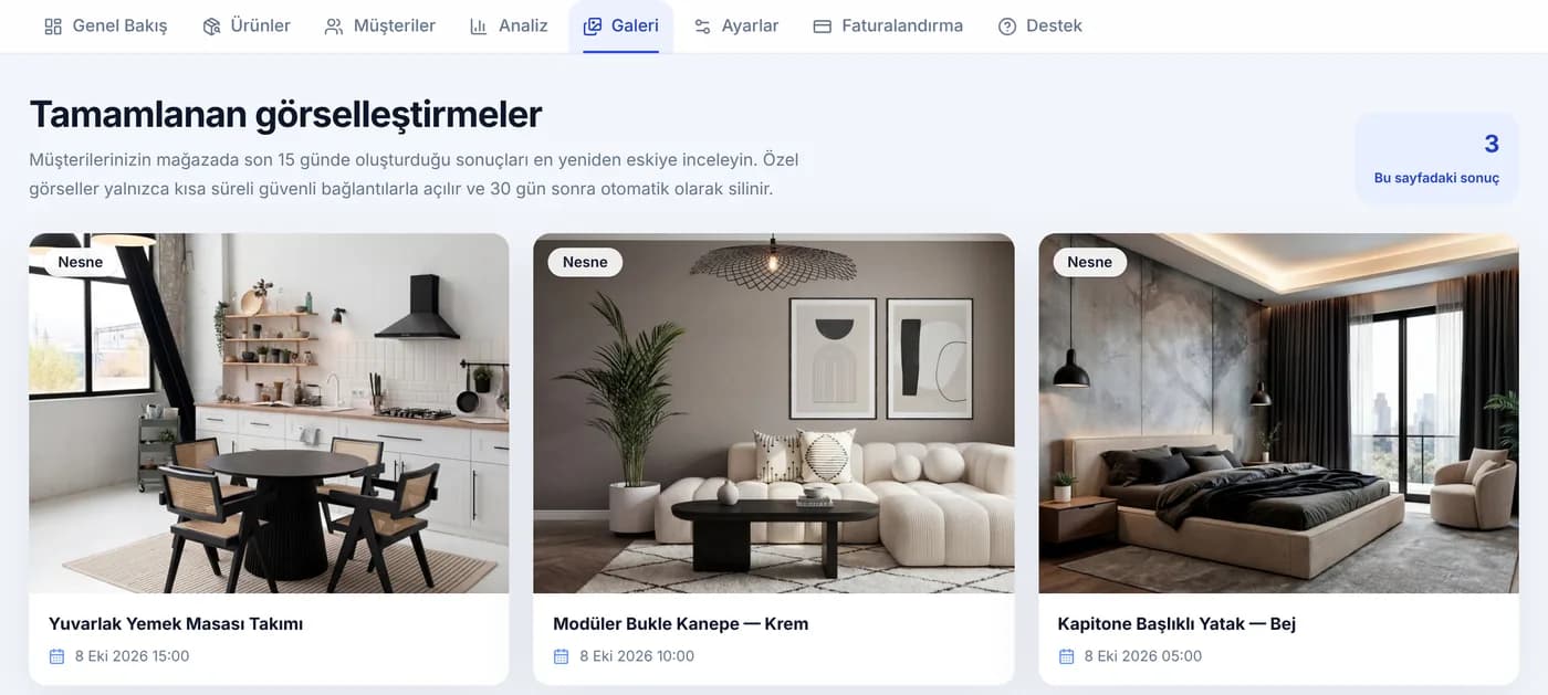 HomeVisioner Galeri ekranı: müşterilerin oluşturduğu oda görselleştirmeleri, ürün adı ve tarihiyle