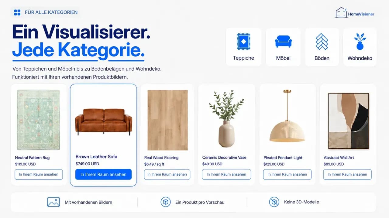 Das App-Store-Bild von HomeVisioner: Produktkarten für Teppich, Sofa, Holzboden, Vase, Pendelleuchte und Wandbild, jeweils mit „In Ihrem Raum ansehen“-Button