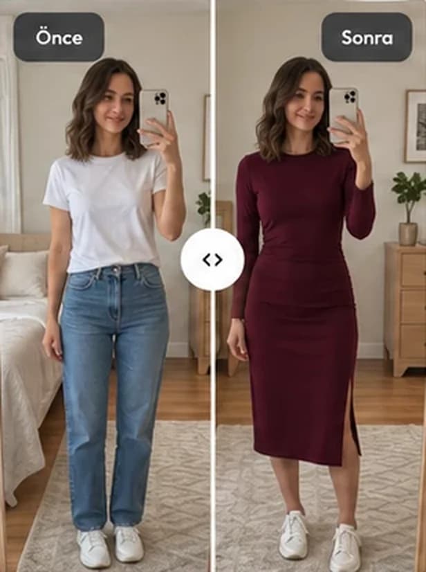 Önce: müşterinin aynada çektiği fotoğraf, beyaz tişört ve kot pantolonla. Sonra: aynı fotoğrafta bordo midi elbiseyle yapay zekâ önizlemesi.