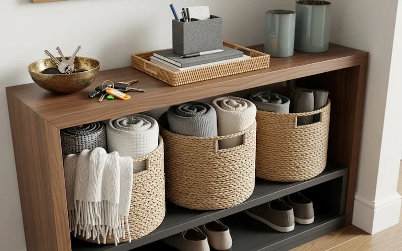 Geschlossenen Stauraum mit offenen Elementen kombinieren - Ideen für Flur Stauraum, die den Eingangsbereich sofort ordentlicher machen