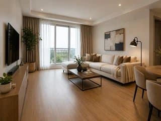 Good room photo: wide living room, shot in landscape, bright, floor and walls clearly visible