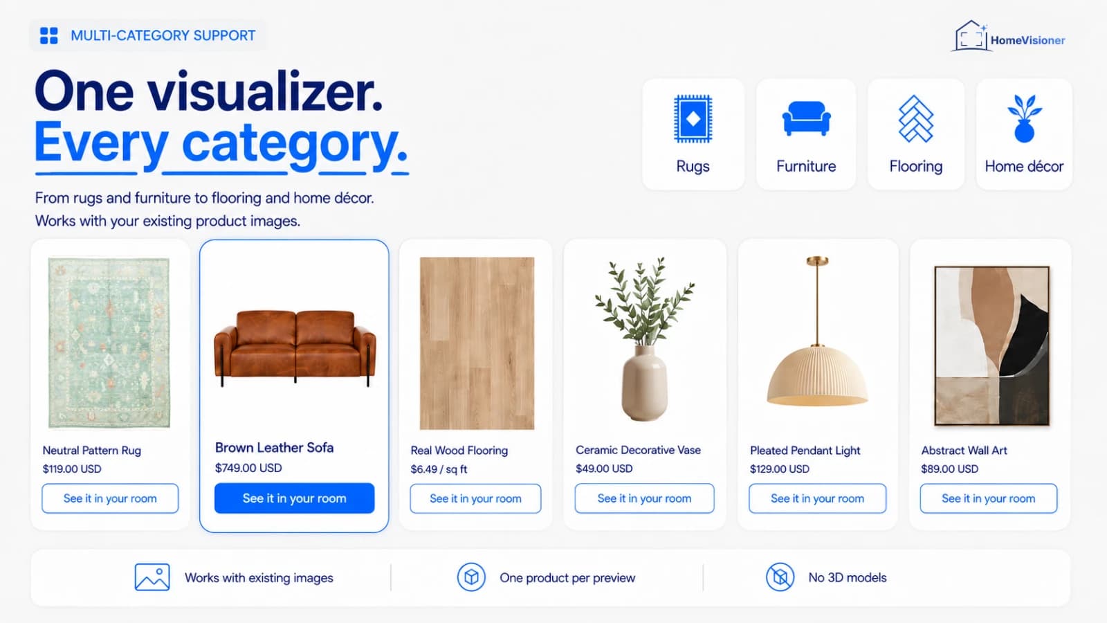 Produktkarten für einen gemusterten Teppich, ein Sofa, Holzboden, eine Vase, eine Pendelleuchte und ein Wandbild, jeweils mit „See it in your room“-Button