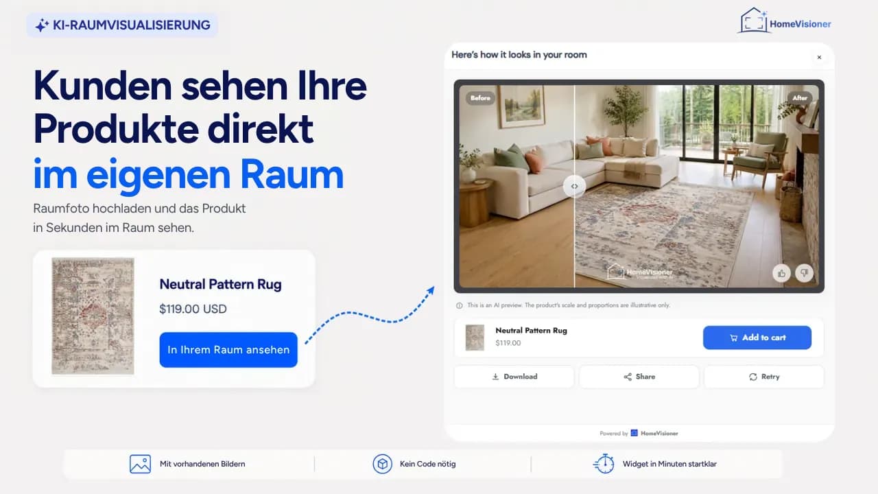Das Produktfoto eines Teppichs neben dem HomeVisioner-Ergebnis: derselbe Teppich in einem Wohnzimmer, mit dem Hinweis, dass Maßstab und Proportionen beispielhaft sind