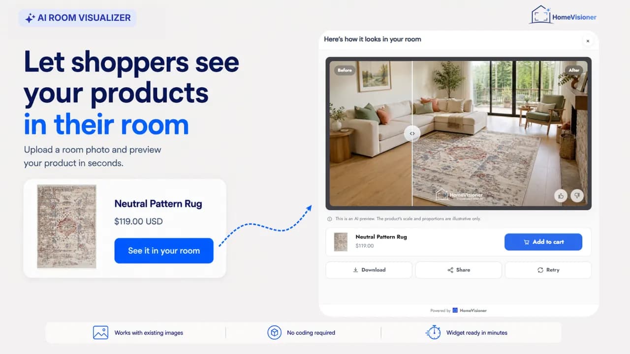 A rug’s product photo next to the HomeVisioner result screen: the same rug in a living room, with the note that scale and proportions are illustrative