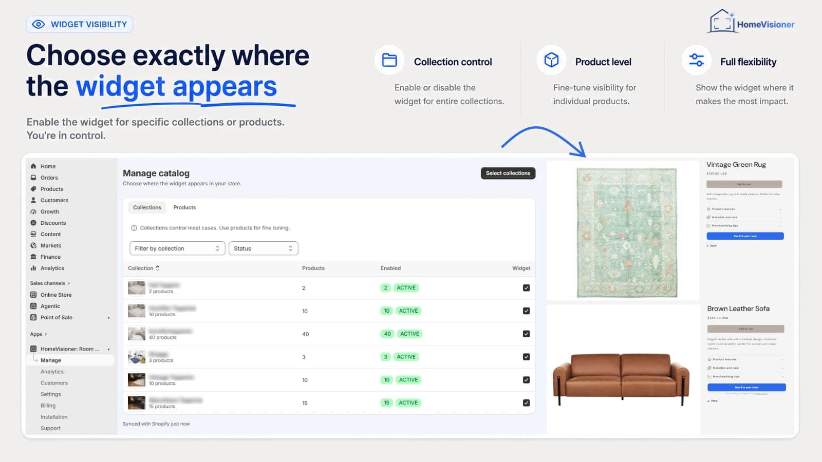 The HomeVisioner app's Manage catalog page in the Shopify admin: collections with product counts, Active status and widget checkboxes, next to two product pages showing the button