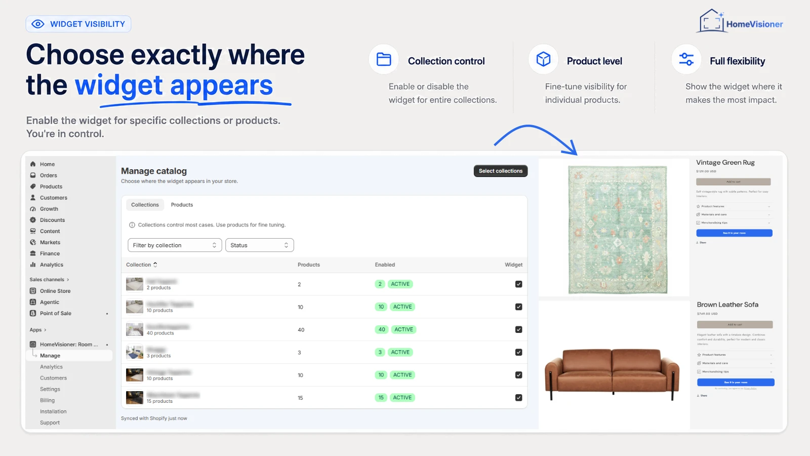 HomeVisioner uygulamasında “Manage catalog”: widget'ı açık koleksiyonlar ve butonu gösteren ürün sayfaları